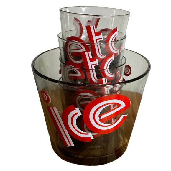 Vintage Federal Glass 5 Piece Pop Art Bar Set Smokey Ice Etc Red MCM midcentury